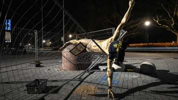The damaged statue of soccer player Zlatan Ibrahimovic next to Stadion football arena in Malmo, Sweden