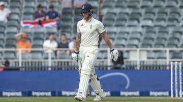 England's batsman Ben Stokes leaves the field after being dismissed by South Africa's bowler Anrich Nortje for 2 runs on day one of the fourth cricket test match between South Africa and England at the Wanderers stadium in Johannesburg