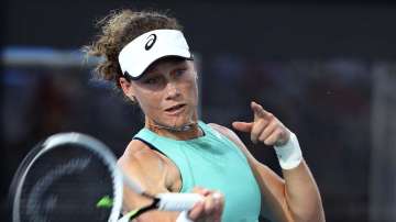 Samantha Stosur of Australia plays a shot during her match against Angelique Kerber of Germany at the Brisbane International 