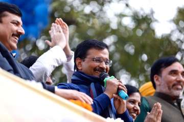 Arvind Kejriwal addressing crowds at AAP headquarters after his election victory on Tuesday