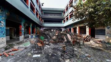 A vandalised private school in the riot-affected north east Delhi.