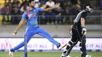  Shivam Dube of India bowls during game four of the Twenty20 series between New Zealand and India at Sky Stadium on January 31, 2020 in Wellington, New Zealand.