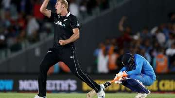 Kyle Jamieson of the Black Caps celebrates the wicket of Navdeep Saini of India during game two of the One Day International Series between New Zealand and India at at Eden Park on February 08, 2020 in Auckland