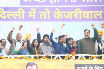 Arvind Kejriwal, along with other AAP leaders, at AAP headquarters in New Delhi on Tuesday