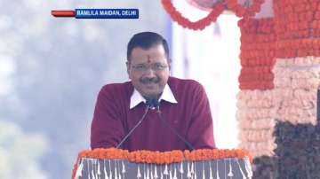 Arvind Kejriwal delivers a speech at Ramlila Maidan after being sworn-in as Delhi's chief minister for a record third time