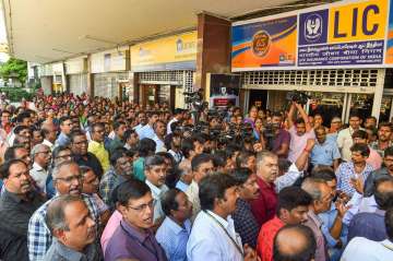 Members of All India Insurance Employees Association on Monday staged a massive demonstration in Chennai against government’s decision to sell the partial stake in the LIC through an initial public offer