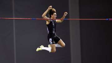 Sweden's Armand Duplantis breaks the world record height in the Pole Vault, during the Glasgow Indoor Grand Prix at the Emirates Arena, in Glasgow, Scotland, Saturday, Feb. 15