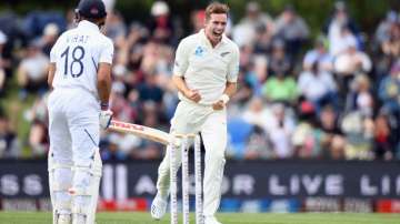 Tim Southee of New Zealand celebrates after dismissing Virat Kohli of India during day one of the Second Test match between New Zealand and India at Hagley Oval on February 29, 2020 in Christchurch, New Zealand.