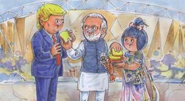 The doodle shows an animated Trump being welcomed by PM Modi with a slice of bread -- served by the Amul mascot wearing a traditional Gujarati saree.