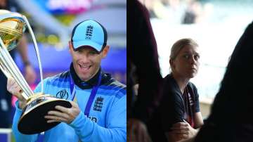 (L) Eoin Morgan with the ICC Men's Cricket World Cup; (R)?Heather Knight of England looks on as heavy rain falls before the ICC Women's T20 Cricket World Cup Semi Final match between India and England at Sydney Cricket Ground on March 05