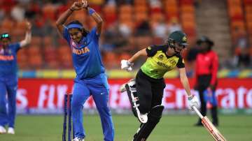 Shikha Pandey of India celebrates after Molly Strano of Australia is run out to claim victory during the ICC Women's T20 Cricket World Cup match between Australia and India at Sydney Showground Stadium on February 21, 2020 in Sydney
