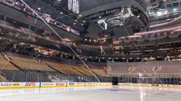 Fresh surfaced ice at Scotiabank Arena, home of the NHL hockey club Toronto Maple Leafs, is shown in Toronto, Thursday, March 12, 2020. The NHL is following the NBA’s lead and suspending its season amid the coronavirus outbreak