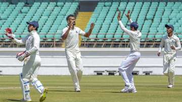 Bengal bowler Aakash Deep celebrates the wicket of Saurashtra batsman A A Barot during the Ranji Trophy final match played in Rajkot, Monday, March 9