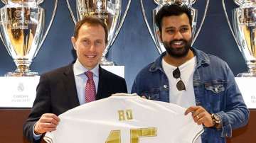 Rohit Sharma presented with a Real Madrid jersey