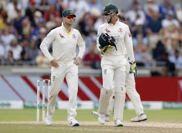 Steve Smith of Australia speaks to Tim Paine of Australia during day three of the 1st Specsavers Ashes Test between England and Australia at Edgbaston on August 03, 2019 in Birmingham