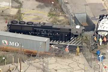 This aerial image taken from video provided by KABC-TV shows a Pacific Harbor Line train that derail