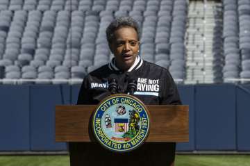 Mayor Lori Lightfoot announces the "We Are Not Playing" campaign during a press conference at Soldie