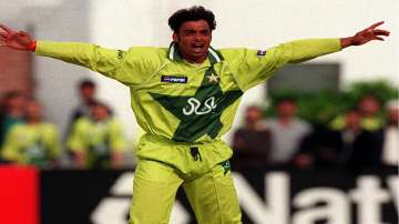 Shoaib Akhtar of Pakistan celebrates a wicket in the World Cup Group B game against New Zealand at Derby in England. Pakistan won by 62 runs.