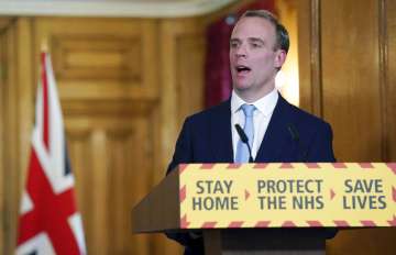 In this photo provided by 10 Downing Street, Britain's Foreign Secretary Dominic Raab delivers a spe