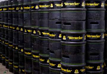 Beer barrels of the Wernecker Brewery are stacked at the brewery in Werneck, Germany, Friday, April 