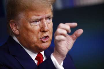 President Donald Trump speaks during a coronavirus task force briefing at the White House, Saturday,