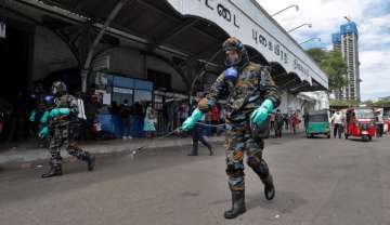 Sri Lankan government soldiers in protective clothes spray disinfectants at a railway station in Colombo, Sri Lanka, Wednesday, March 18, 2020 (representational image)
