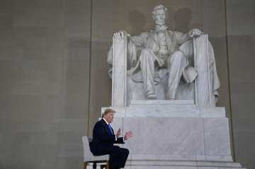 President Donald Trump speaks during a Fox News virtual town hall from the Lincoln Memorial, Sunday,