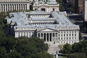 This Sept. 18, 2019 photo shows the U.S. Treasury Department building viewed from the Washington Mon