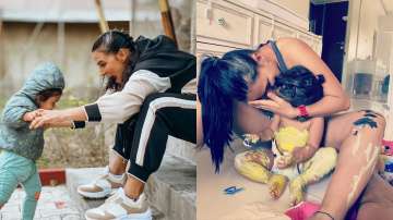 Neha Dhupia enjoys art time with daughter Mehr