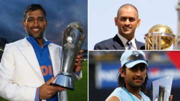 MS Dhoni posing with all his ICC trophies