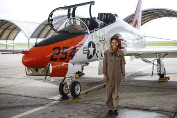 In this photo provided by the U.S. Navy, student Naval aviator Lt. j.g. Madeline Swegle, assigned to