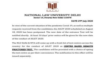 AILET 2020: NLU Delhi postpones All India Law Entrance Test. Check details