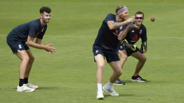 England captain Ben Stokes takes a catch in the slips during a nets session at the Ageas Bowl in Southampton, England, Tuesday July 7