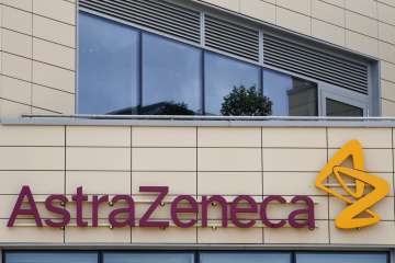 A general view of AstraZeneca offices and the corporate logo in Cambridge, England, Saturday, July 1
