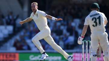  
Stuart Broad of England celebrates dismissing David Warner of Australia during day four of the 5th Specsavers Ashes Test between England and Australia at The Kia Oval on September 15, 2019 in London, England