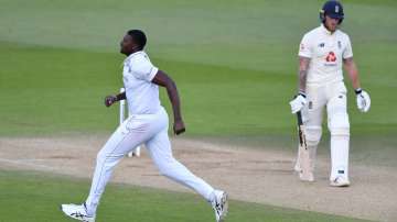 West Indies captain Jason Holder celebrates dismissing England captain Ben Stokes during day four of the 1st #RaiseTheBat Test match at The Ageas Bowl on July 11, 2020 in Southampton