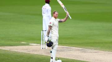 Ben Stokes of England celebrates after reaching his century during Day Two of the 2nd Test Match in the #RaiseTheBat Series between England and The West Indies at Emirates Old Trafford on July 17