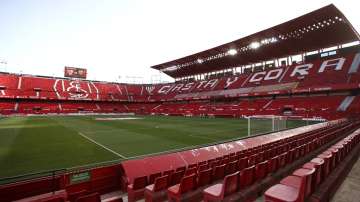 The empty stands before the start of the Spanish La Liga soccer match between Sevilla and Betis in Seville, Spain, Thursday, June 11