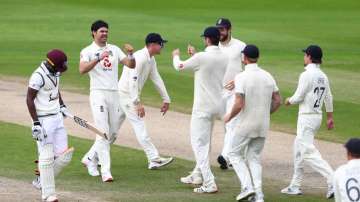 James Anderson of England celebrates after taking the wicket of Shamarh Brooks of West Indies during Day Two of the Ruth Strauss Foundation Test, the Third Test in the #RaiseTheBat Series match between England and the West Indies at Emirates Old Trafford on July 25, 2020 in Manchester, England