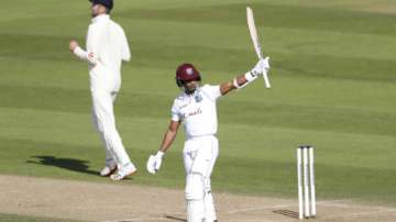 Shane Dowrich of the West Indies celebrates his half century during Day Three of the 1st #RaiseTheBat Test Series between England and The West Indies at The Ageas Bowl on July 10, 2020 in Southampton