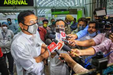 In the photo, R Surjewala addresses media after making a late-night dash to Jaipur, The Ashok Gehlot government in Rajasthan is in serious crisis after deputy chief minister Sachin Pilot staged an open rebellion. Gehlot camp, however, has claimed the numbers. 