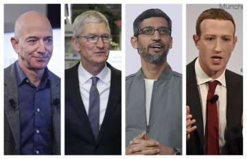 This combination of 2019-2020 photos shows Amazon CEO Jeff Bezos, Apple CEO Tim Cook, Google CEO Sun