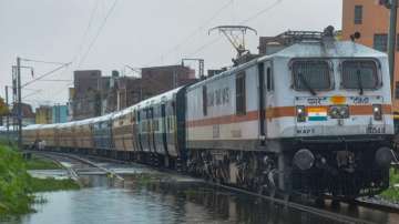 Muzaffarpur: A train is stationed on a waterlogged track after heavy rain, in Muzaffarpur, Monday, July 20, 2020.?