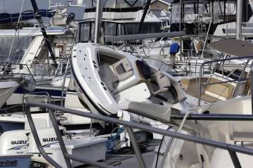 Boats are piled on each other at the Southport Marina following the effects of Hurricane Isaias in S