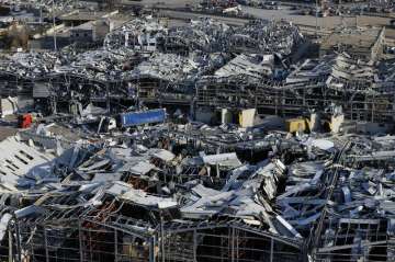 This photo shows a general view of the scene of an explosion that hit the seaport of Beirut, Lebanon