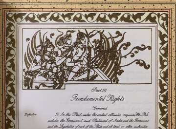 Art from original Constitution of India having Lord Rama, Sita and Laxman shared by Law Minister