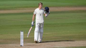 Zak Crawley of England celebrates reaching his Double Century (200*) during Day Two of the 3rd #RaiseTheBat Test Match between England and Pakistan at the Ageas Bowl on August 22