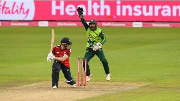 Mohammad Rizwan of Pakistan appeals successfully for the LBW of Eoin Morgan of England during the 1st Vitality International Twenty20 match between England and Pakistan at Emirates Old Trafford on August 28, 2020