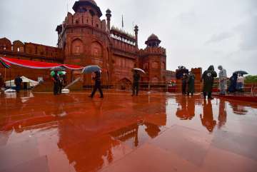 New Delhi: Security personnel during the full dress rehearsals for the 74th Independence Day celebrations, amid the ongoing COVID-19 pandemic, on a rainy day at Red Fort in New Delhi, Thursday, Aug. 13, 2020.