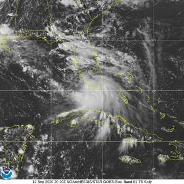 This Saturday, Sept. 12, 2020 image provided by NOAA shows the formation of Tropical Storm Sally. Tr